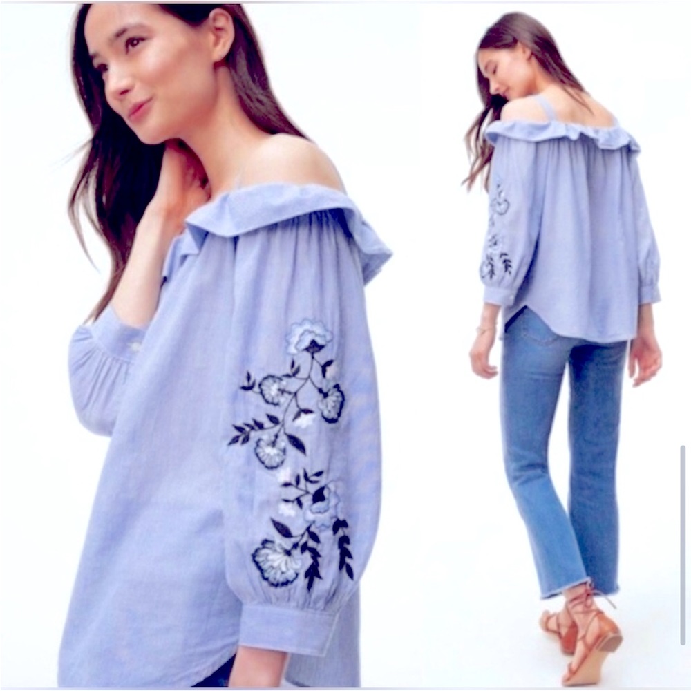 LOFT Off Shoulder Button Front Striped Top w/Embroidery and Ruffle